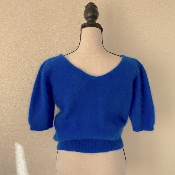 VINTAGE | Nordstrom “Brass Plum” Cobalt Blue Angora Short Sleeve sweater Large - Picture 4 of 8